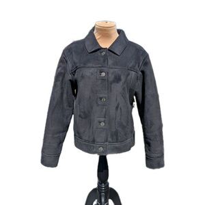 J. Jill Faux Suede Sherpa Lined Jacket Black Woman's Small Button Up Coat Simple